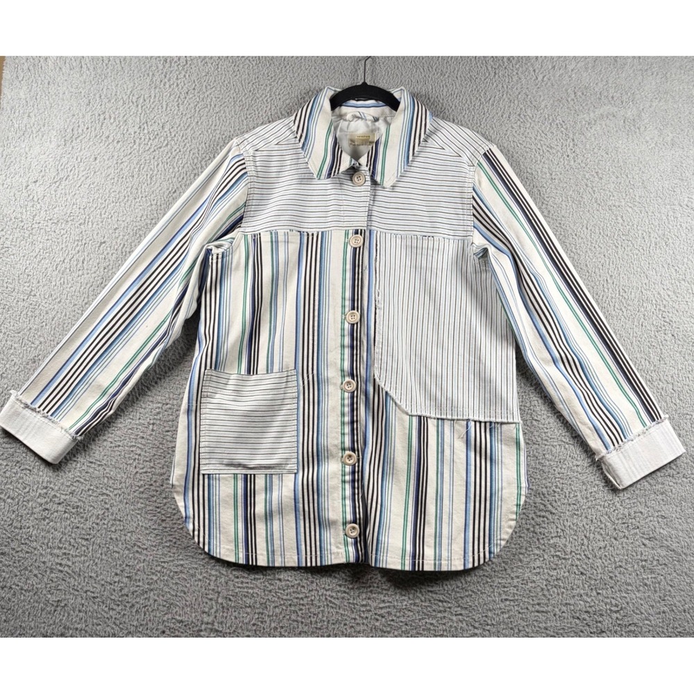 Maeve Anthropologie Striped Shirt Jacket Denim Shacket Women M Boho Utility Work
